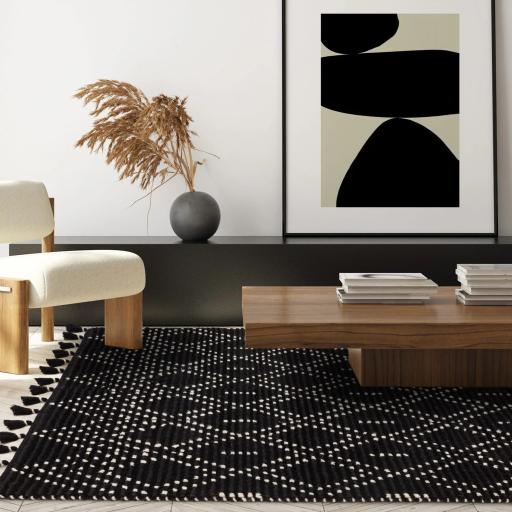 Nepal Black Cream Diamond Bohomian Berber Hand Woven Wool Fringed Rug