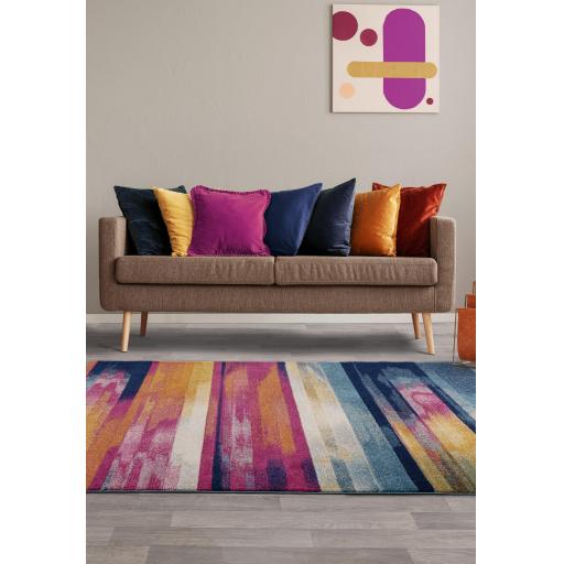 Nova NV05 Stripe Modern Abstract Painterly Rainbow Rug in Multi Colours