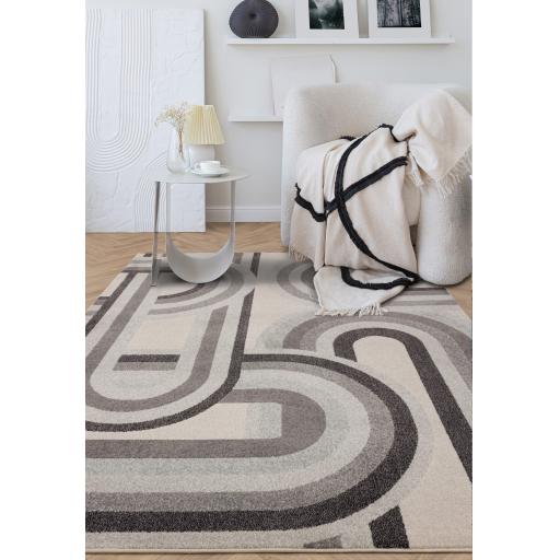 Nova Retro Modern Geometric Rug in Grey and Blue