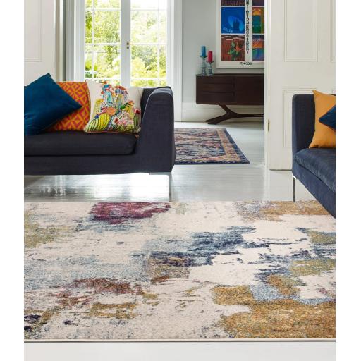 Nova Modern Abstract Pictorial Painterly Rug in Mustard and Navy Fuchia