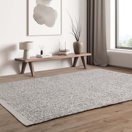 Elm Silver Grey Rug Chunky Boucle Modern Plain Hand Woven Flatweave Wool Viscose Rug