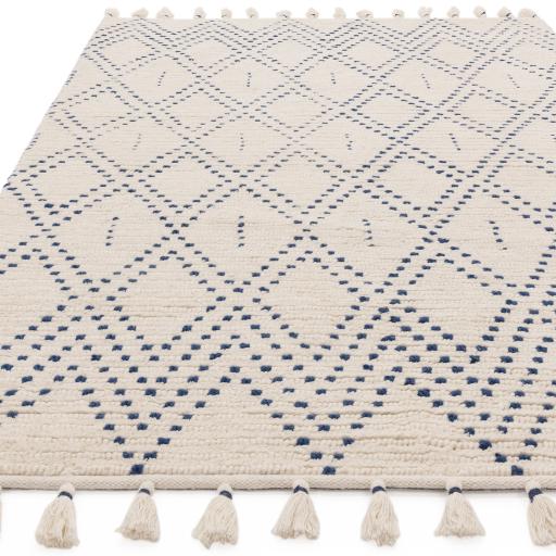 Nepal Cream Blue Diamond Bohomian Berber Hand Woven Wool Fringed Rug