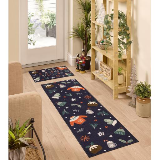 Washable Runner and Doormat Set Anti-Slip Seasons Greetings Blue Mat