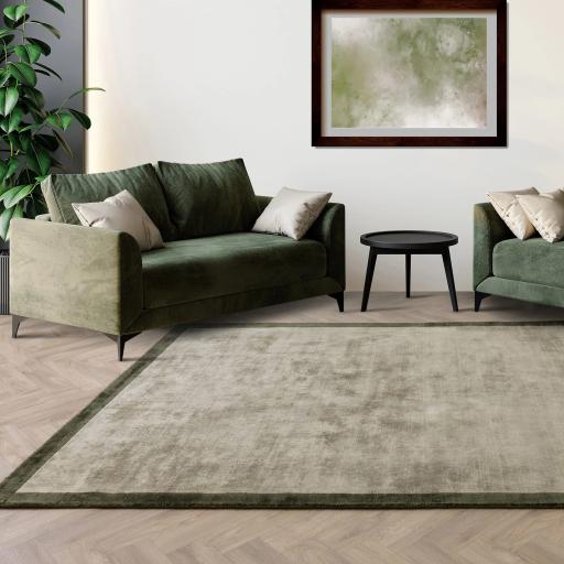 Blade Border Plain Silky Hand Woven Viscose Rug in Sage Green with Olive Border