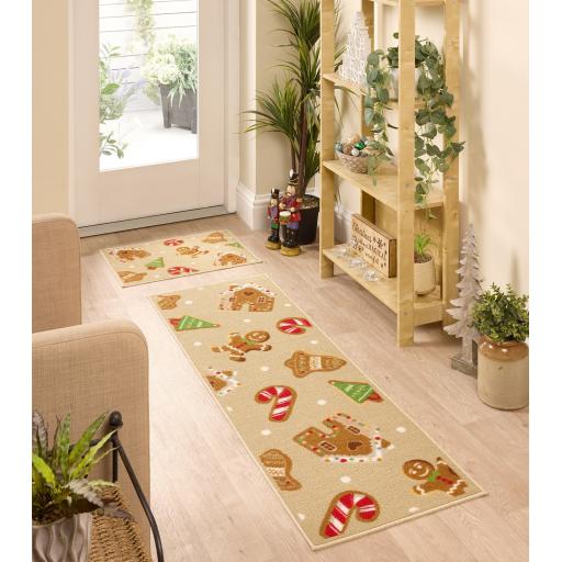 Washable Runner and Doormat Set Anti-Slip Gingerbread Cream Beige Mat