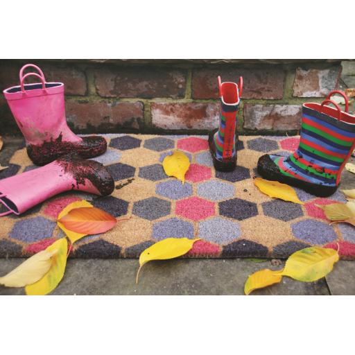 My Mat Printed Coir Geo 2 Hexagon Multi Coloured Doormat in 45X75 cm