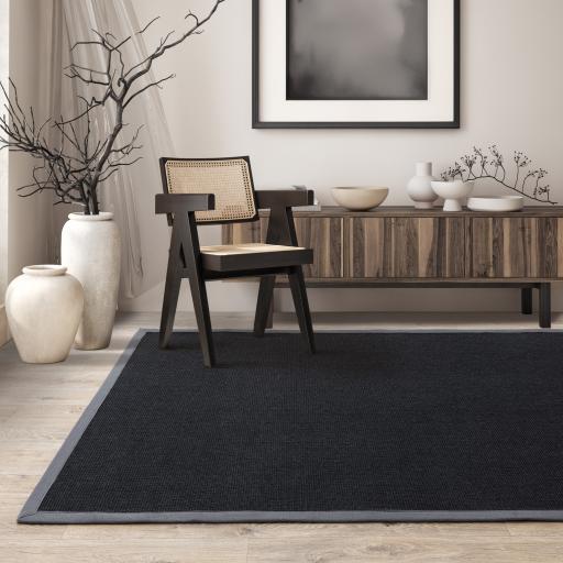 Sisal Jute Plain Non-Slip Black with Grey Border Rug