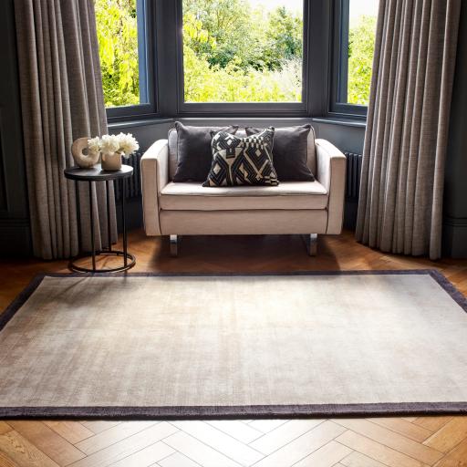 Blade Border Plain Silky Hand Woven Viscose Rug in Putty Cream with Charcoal Border