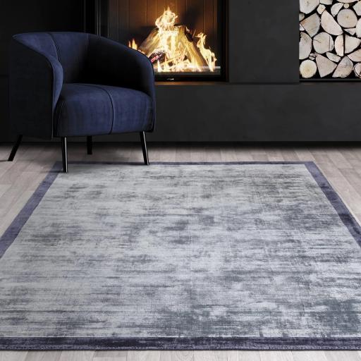 Blade Border Plain Silky Hand Woven Viscose Rug in Airforce Blue with Navy Border