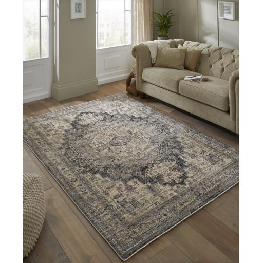 Legacy Traditional Oriental Medallion Bordered Classic Rug in Charcoal  Cream