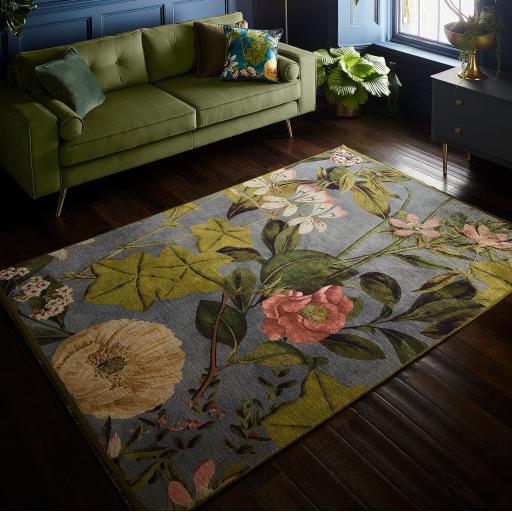 Passiflora Tropical Floral Rug by Clarke & Clarke Botanical Exotic Fringe Edge Rug in Mineral 200x290 cm