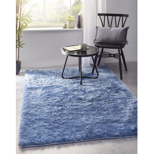 Origins Glamour/Shimmer Denim Blue Soft Silky Shaggy Rug in Small Size 80x150 cm