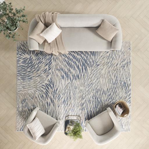 Exhale EXL03 Abstract Swirling Leaves Pattern Rug in Multi Blue Grey