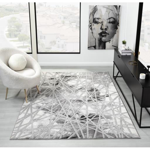 Bianco 185TA Modern Marbled Abstract Dark Grey Silver Rug & Hall Runner