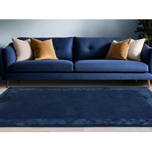 Ascot Modern Plain Hand Woven Wool Viscose Bordered Navy Blue Rug in Extra Large 200 x 290 cm