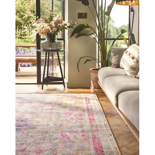 Hug Rug Eco-Washable Traditional Neo Classical Non-Slip Beige Pink Rug