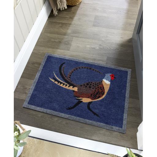 My Mat Nylon Indoor Pattern My Pheasant Blue Washable Non-Slip Rug